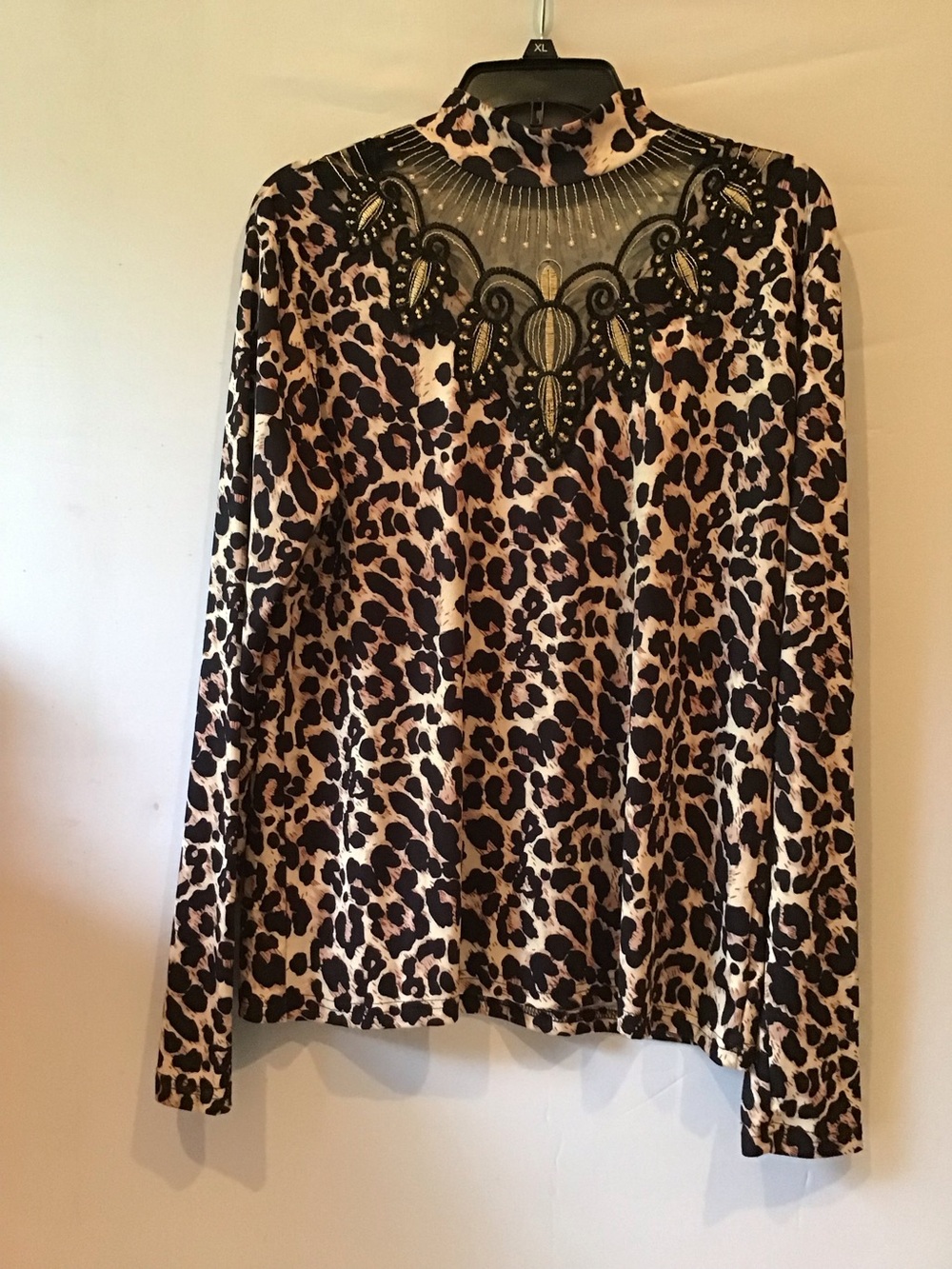 433 Leopard Print Long Sleeve Top with Embellished Mesh Yoke - Brown